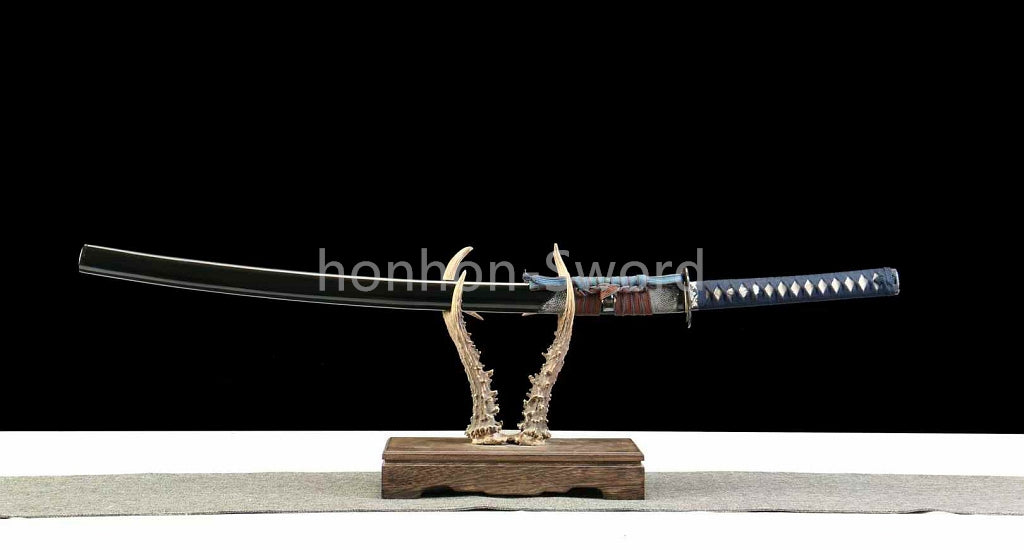 Japanisches Samurai-Schwert Katana aus schwarzem gefaltetem Stahl, Full Tang, handgefertigt, scharfe Klinge, schwarz 