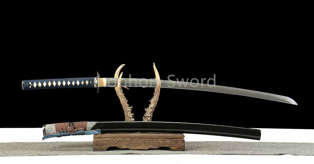Japanisches Samurai-Schwert Katana aus schwarzem gefaltetem Stahl, Full Tang, handgefertigt, scharfe Klinge, schwarz 