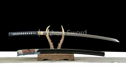 Japanisches Samurai-Schwert Katana aus schwarzem gefaltetem Stahl, Full Tang, handgefertigt, scharfe Klinge, schwarz 