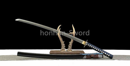 Japanisches Samurai-Schwert Katana aus schwarzem gefaltetem Stahl, Full Tang, handgefertigt, scharfe Klinge, schwarz 