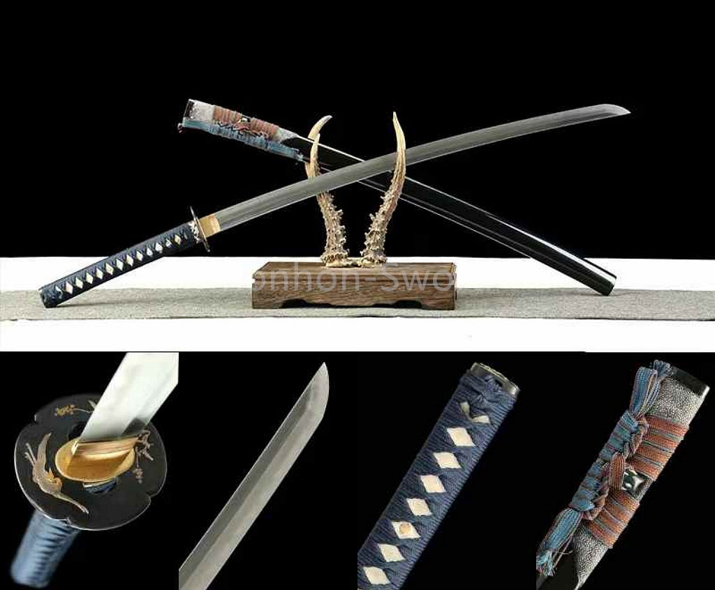 Japanisches Samurai-Schwert Katana aus schwarzem gefaltetem Stahl, Full Tang, handgefertigt, scharfe Klinge, schwarz 
