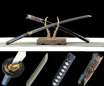 Japanisches Samurai-Schwert Katana aus schwarzem gefaltetem Stahl, Full Tang, handgefertigt, scharfe Klinge, schwarz 