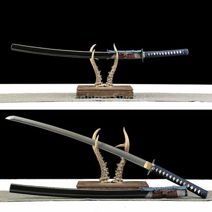 Japanisches Samurai-Schwert Katana aus schwarzem gefaltetem Stahl, Full Tang, handgefertigt, scharfe Klinge, schwarz 