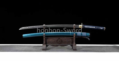 Japanisches Samurai-Schwert Katana aus schwarzem gefaltetem Stahl, Full Tang, handgefertigt, scharfe Klinge, schwarz 
