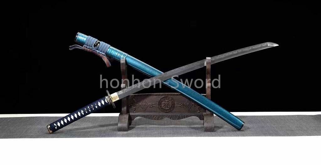Japanisches Samurai-Schwert Katana aus schwarzem gefaltetem Stahl, Full Tang, handgefertigt, scharfe Klinge, schwarz 