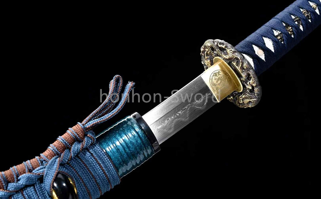 Japanisches Samurai-Schwert Katana aus schwarzem gefaltetem Stahl, Full Tang, handgefertigt, scharfe Klinge, schwarz 