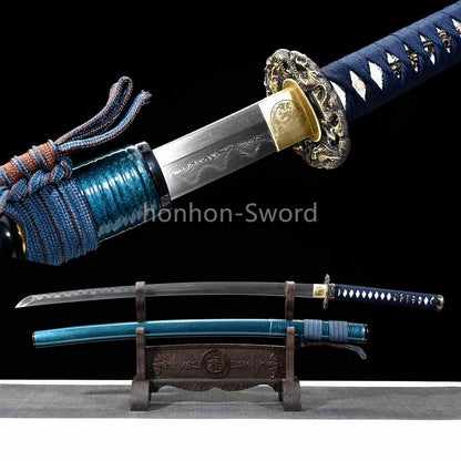 Japanisches Samurai-Schwert Katana aus schwarzem gefaltetem Stahl, Full Tang, handgefertigt, scharfe Klinge, schwarz 