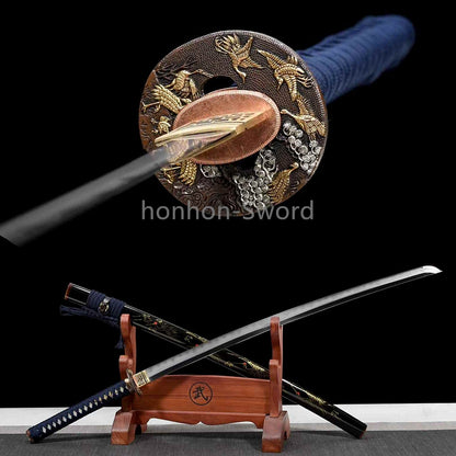 Épée de samouraï japonaise en acier plié noir, katana, lame tranchante faite à la main, noire 