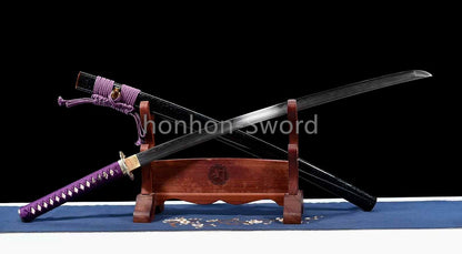 Épée de samouraï japonaise en acier plié noir, katana, lame tranchante faite à la main, noire 