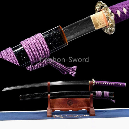 Épée de samouraï japonaise en acier plié noir, katana, lame tranchante faite à la main, noire 
