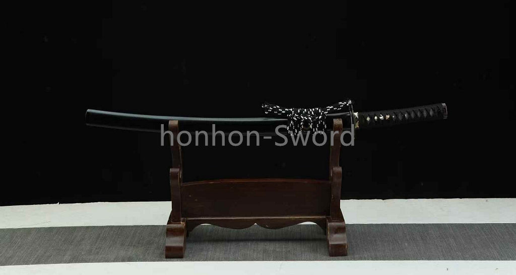 Japanisches Samurai-Schwert Katana aus schwarzem gefaltetem Stahl, Full Tang, handgefertigt, scharfe Klinge, schwarz 