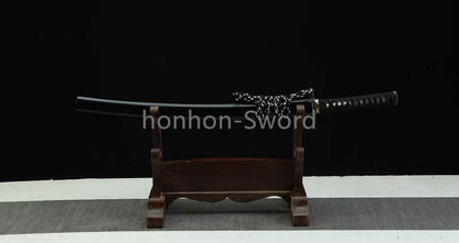 Japanisches Samurai-Schwert Katana aus schwarzem gefaltetem Stahl, Full Tang, handgefertigt, scharfe Klinge, schwarz 
