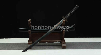 Japanisches Samurai-Schwert Katana aus schwarzem gefaltetem Stahl, Full Tang, handgefertigt, scharfe Klinge, schwarz 