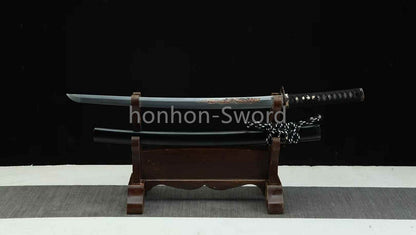 Japanisches Samurai-Schwert Katana aus schwarzem gefaltetem Stahl, Full Tang, handgefertigt, scharfe Klinge, schwarz 
