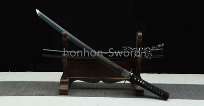 Japanisches Samurai-Schwert Katana aus schwarzem gefaltetem Stahl, Full Tang, handgefertigt, scharfe Klinge, schwarz 