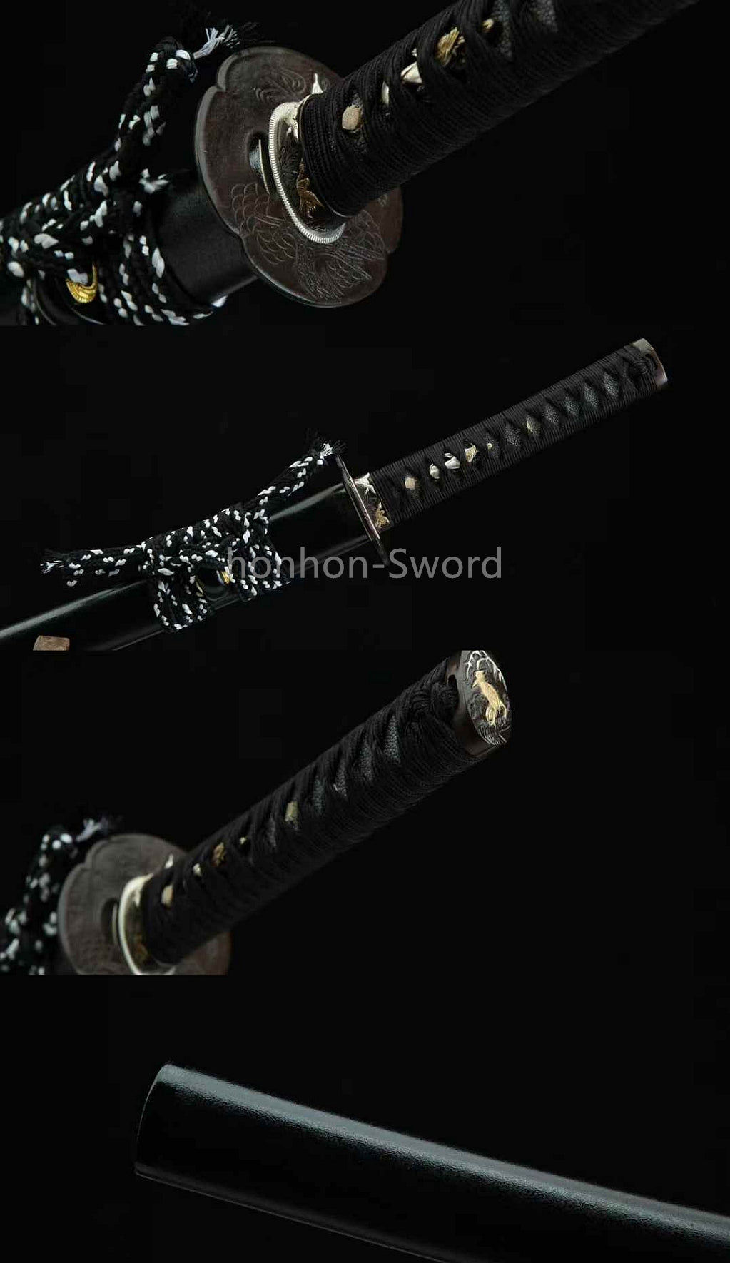 Japanisches Samurai-Schwert Katana aus schwarzem gefaltetem Stahl, Full Tang, handgefertigt, scharfe Klinge, schwarz 