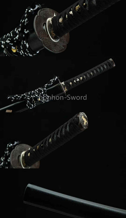 Japanisches Samurai-Schwert Katana aus schwarzem gefaltetem Stahl, Full Tang, handgefertigt, scharfe Klinge, schwarz 