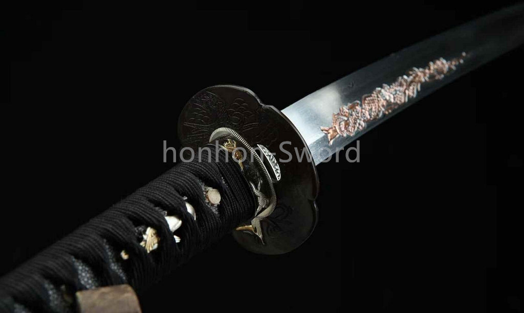 Japanisches Samurai-Schwert Katana aus schwarzem gefaltetem Stahl, Full Tang, handgefertigt, scharfe Klinge, schwarz 