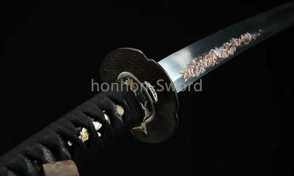 Japanisches Samurai-Schwert Katana aus schwarzem gefaltetem Stahl, Full Tang, handgefertigt, scharfe Klinge, schwarz 