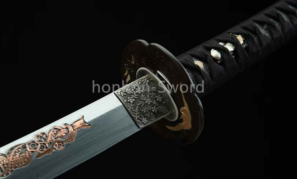 Japanisches Samurai-Schwert Katana aus schwarzem gefaltetem Stahl, Full Tang, handgefertigt, scharfe Klinge, schwarz 