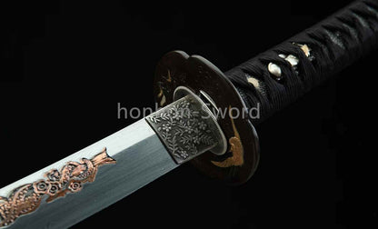 Japanisches Samurai-Schwert Katana aus schwarzem gefaltetem Stahl, Full Tang, handgefertigt, scharfe Klinge, schwarz 