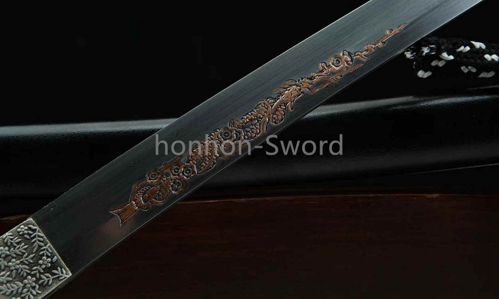 Japanisches Samurai-Schwert Katana aus schwarzem gefaltetem Stahl, Full Tang, handgefertigt, scharfe Klinge, schwarz 