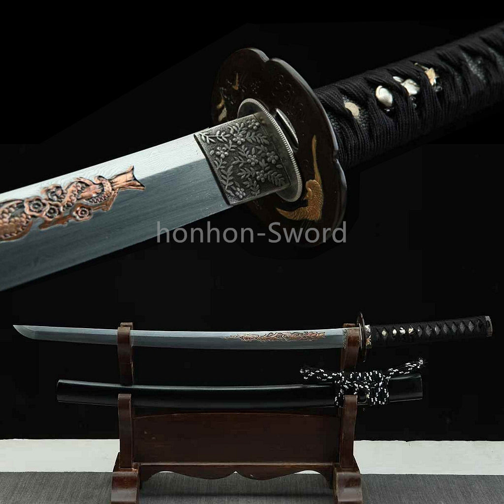 Japanisches Samurai-Schwert Katana aus schwarzem gefaltetem Stahl, Full Tang, handgefertigt, scharfe Klinge, schwarz 