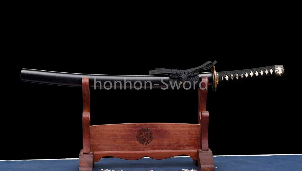 Japanisches Samurai-Schwert Katana aus schwarzem gefaltetem Stahl, Full Tang, handgefertigt, scharfe Klinge, schwarz 