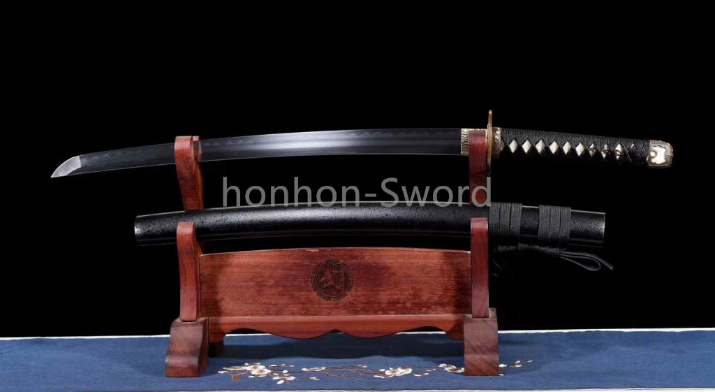Japanisches Samurai-Schwert Katana aus schwarzem gefaltetem Stahl, Full Tang, handgefertigt, scharfe Klinge, schwarz 