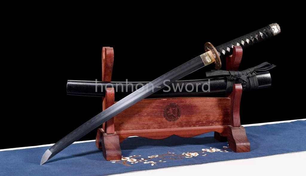 Japanisches Samurai-Schwert Katana aus schwarzem gefaltetem Stahl, Full Tang, handgefertigt, scharfe Klinge, schwarz 