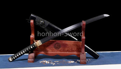 Japanisches Samurai-Schwert Katana aus schwarzem gefaltetem Stahl, Full Tang, handgefertigt, scharfe Klinge, schwarz 