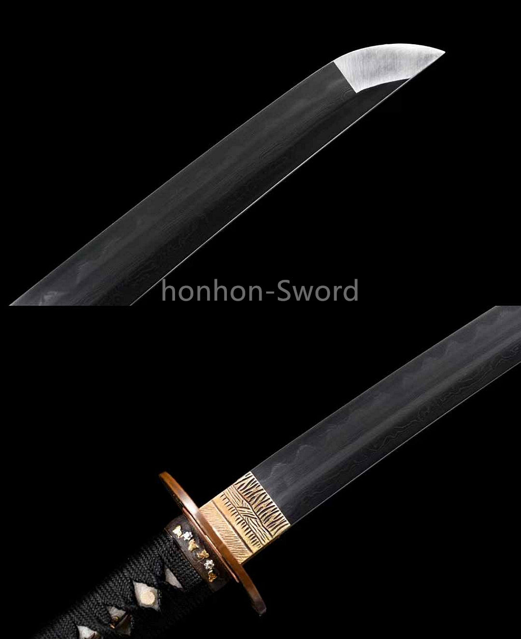 Japanisches Samurai-Schwert Katana aus schwarzem gefaltetem Stahl, Full Tang, handgefertigt, scharfe Klinge, schwarz 
