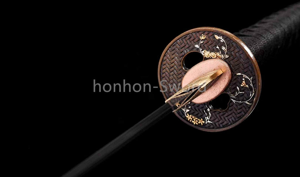 Japanisches Samurai-Schwert Katana aus schwarzem gefaltetem Stahl, Full Tang, handgefertigt, scharfe Klinge, schwarz 