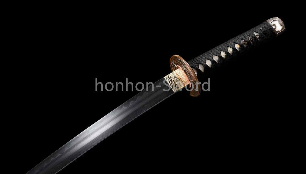 Japanisches Samurai-Schwert Katana aus schwarzem gefaltetem Stahl, Full Tang, handgefertigt, scharfe Klinge, schwarz 