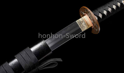 Japanisches Samurai-Schwert Katana aus schwarzem gefaltetem Stahl, Full Tang, handgefertigt, scharfe Klinge, schwarz 