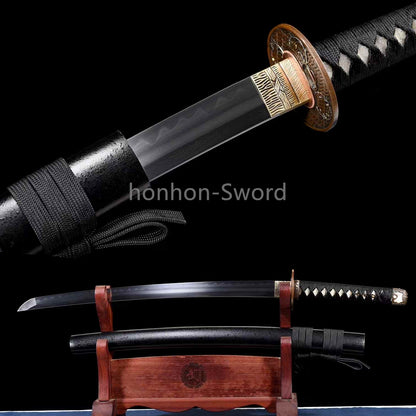 Japanisches Samurai-Schwert Katana aus schwarzem gefaltetem Stahl, Full Tang, handgefertigt, scharfe Klinge, schwarz 