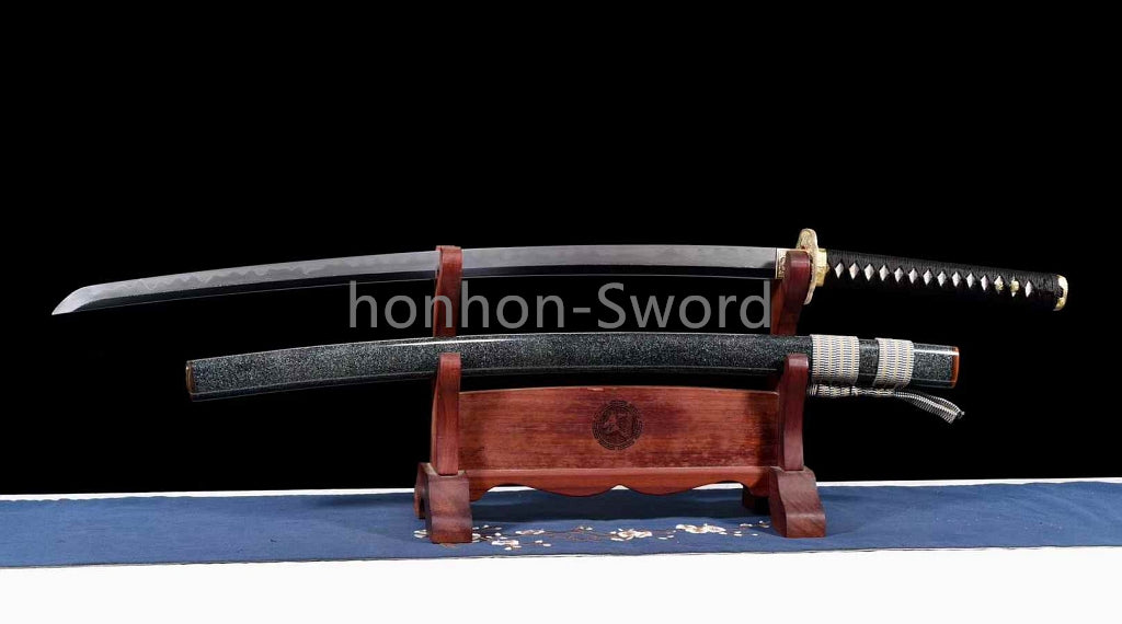 Épée de samouraï japonaise en acier plié noir, katana, lame tranchante faite à la main, noire 