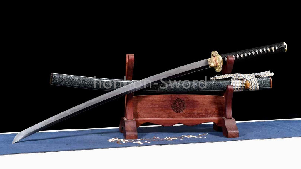 Épée de samouraï japonaise en acier plié noir, katana, lame tranchante faite à la main, noire 