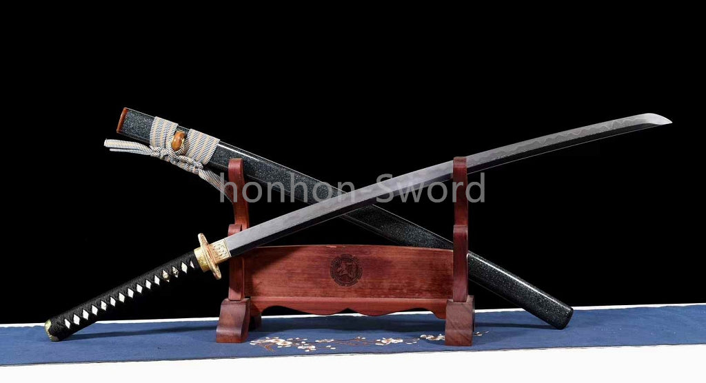 Épée de samouraï japonaise en acier plié noir, katana, lame tranchante faite à la main, noire 