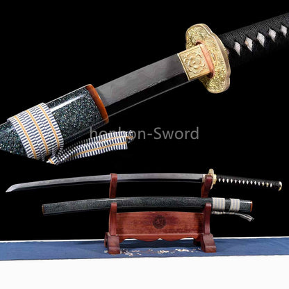 Épée de samouraï japonaise en acier plié noir, katana, lame tranchante faite à la main, noire 