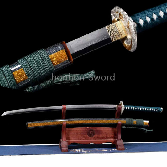 Japanisches Samurai-Schwert Katana aus schwarzem gefaltetem Stahl, Full Tang, handgefertigt, scharfe Klinge, schwarz 