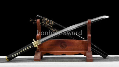 Épée de samouraï japonaise en acier plié noir, katana, lame tranchante faite à la main, noire 