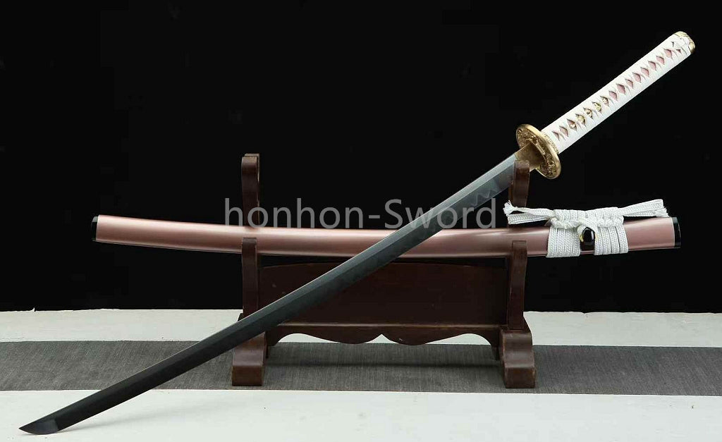 Japanisches Samurai-Schwert Katana aus schwarzem gefaltetem Stahl, Full Tang, handgefertigt, scharfe Klinge, schwarz 