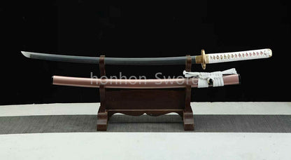 Japanisches Samurai-Schwert Katana aus schwarzem gefaltetem Stahl, Full Tang, handgefertigt, scharfe Klinge, schwarz 