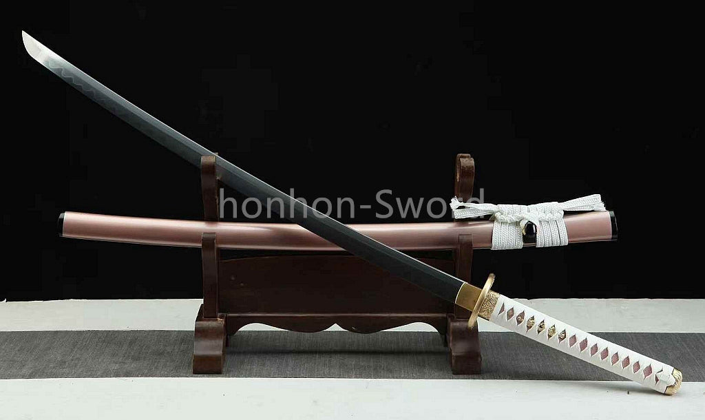Japanisches Samurai-Schwert Katana aus schwarzem gefaltetem Stahl, Full Tang, handgefertigt, scharfe Klinge, schwarz 