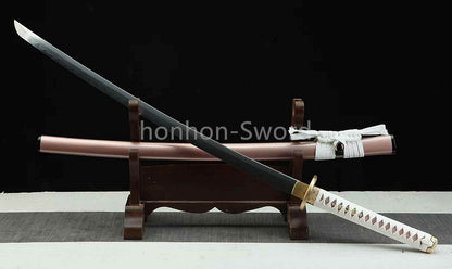 Japanisches Samurai-Schwert Katana aus schwarzem gefaltetem Stahl, Full Tang, handgefertigt, scharfe Klinge, schwarz 