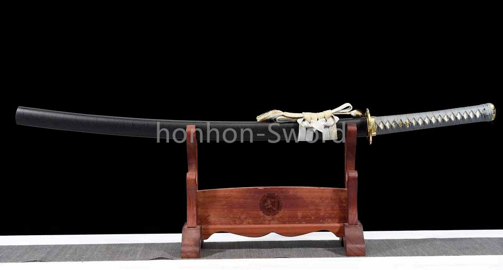Japanisches Samurai-Schwert Katana aus schwarzem gefaltetem Stahl, Full Tang, handgefertigt, scharfe Klinge, schwarz 