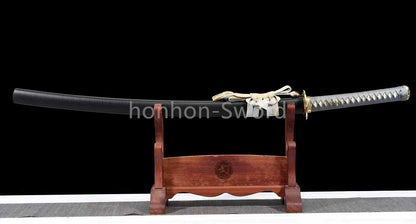 Japanisches Samurai-Schwert Katana aus schwarzem gefaltetem Stahl, Full Tang, handgefertigt, scharfe Klinge, schwarz 