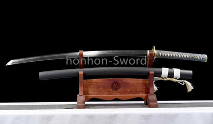 Japanisches Samurai-Schwert Katana aus schwarzem gefaltetem Stahl, Full Tang, handgefertigt, scharfe Klinge, schwarz 