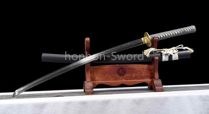 Japanisches Samurai-Schwert Katana aus schwarzem gefaltetem Stahl, Full Tang, handgefertigt, scharfe Klinge, schwarz 